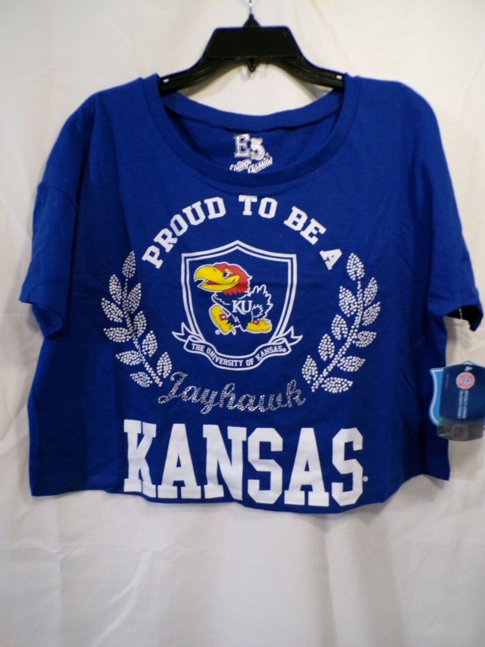 E5 College Classics Women's Kansas Jayhawks Cropped T-Shirt Medium Blue